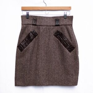 Saint Laurent Rive Gauche Wool Leather Mini Skirt 42 France Brown Chevron VTG